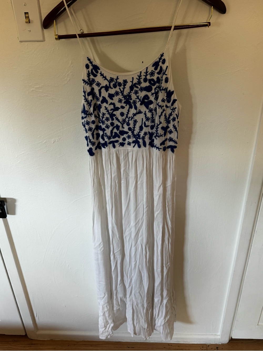 Blue embroidered white maxi dress
